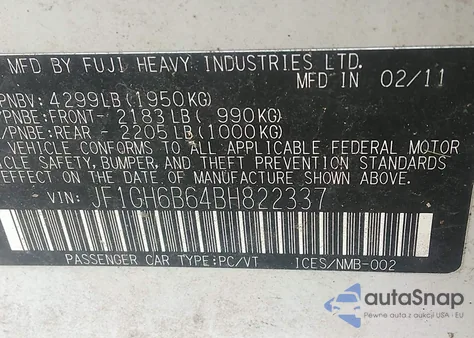 2011 Subaru Impreza 2.5I Premium z USA, uszkodzony, nr VIN JF1GH6B64BH822337